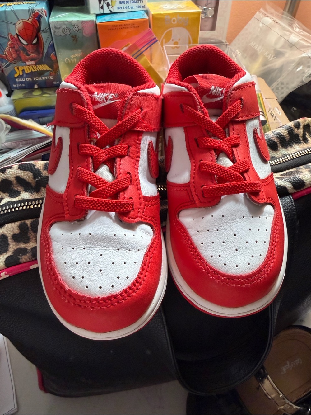 Nike Kids Red and White Low-Top Sneakers with Swoosh